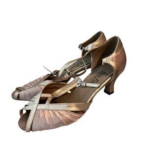 Very Fine Dance Shoes Ballroom Size 8.5 Gold Peep Toe Satin Strappy 2.5” Heel